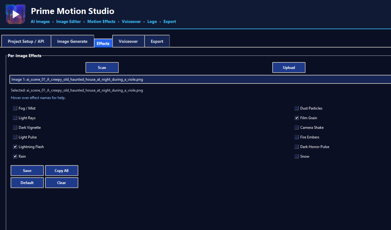Prime Motion Studio per-image effects tab