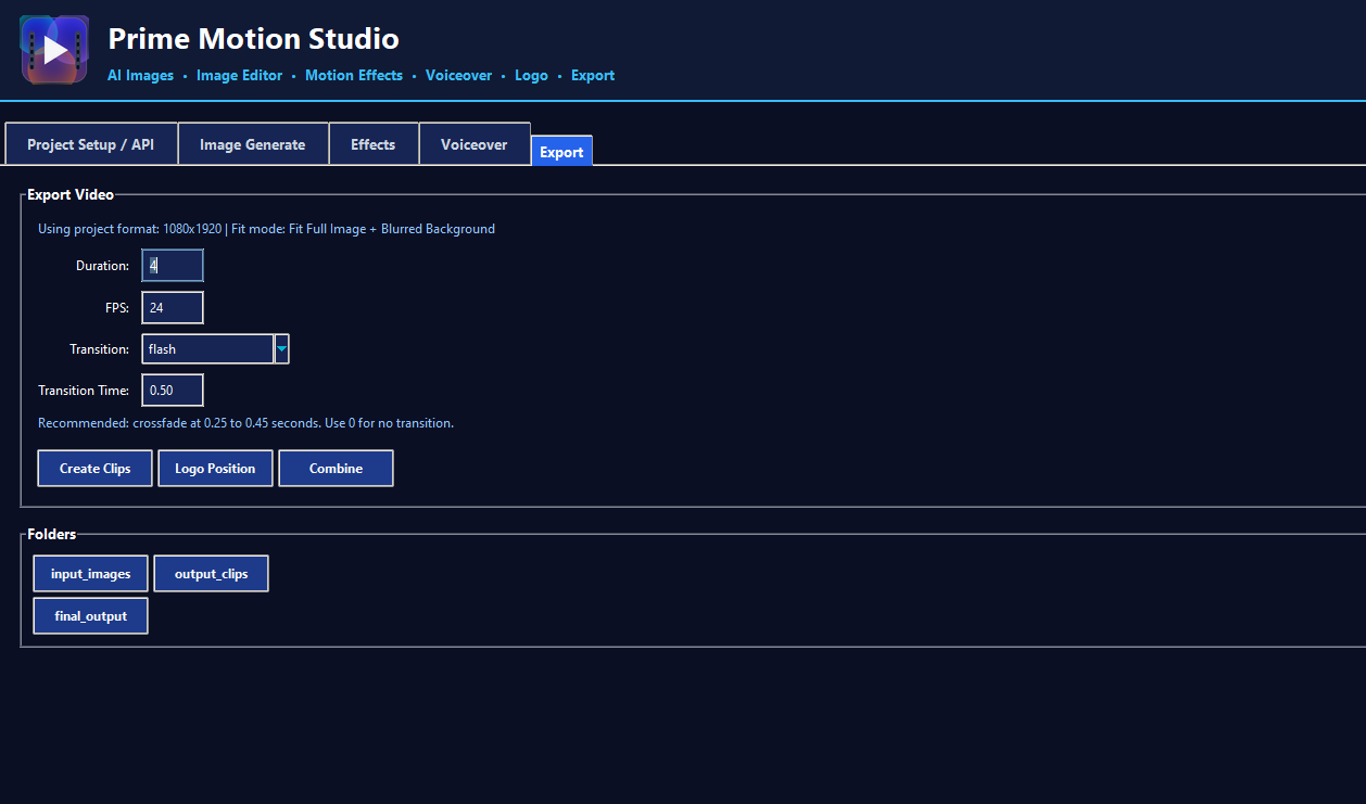 Prime Motion Studio export tab
