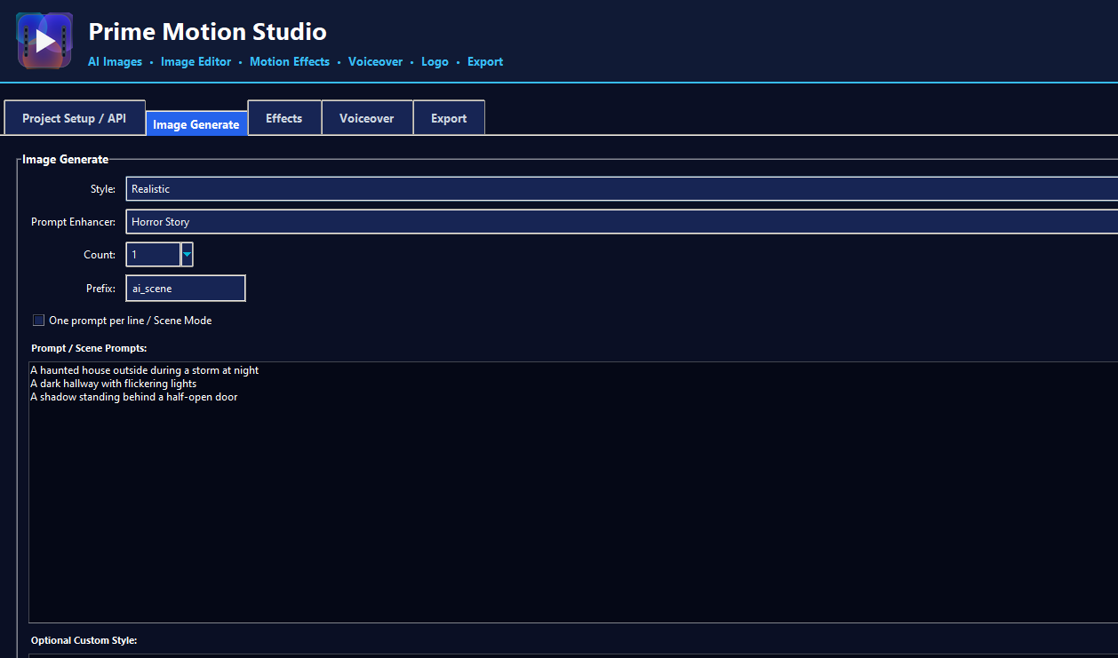 Prime Motion Studio image generate tab
