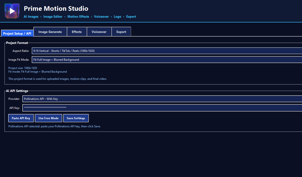Prime Motion Studio project setup and API settings screen