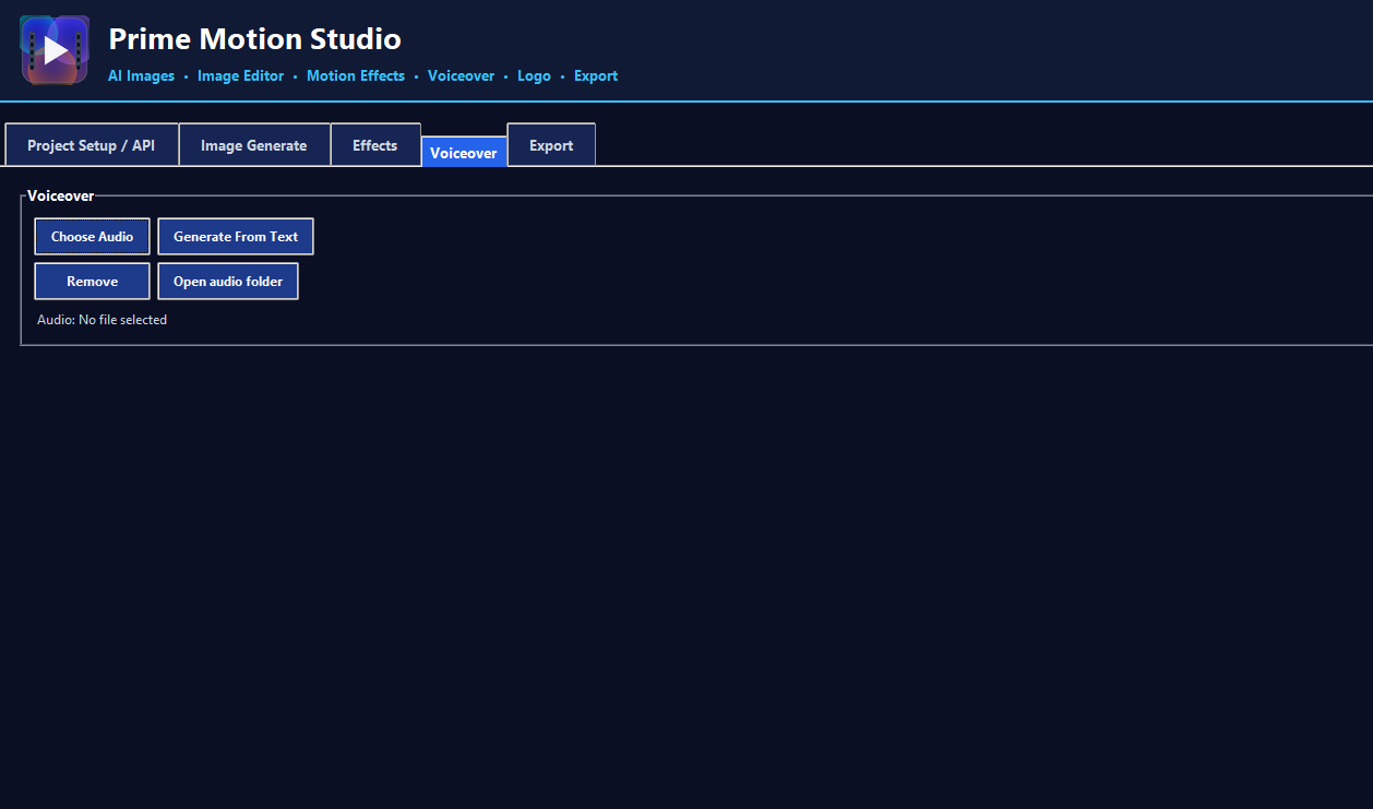 Prime Motion Studio voiceover tab